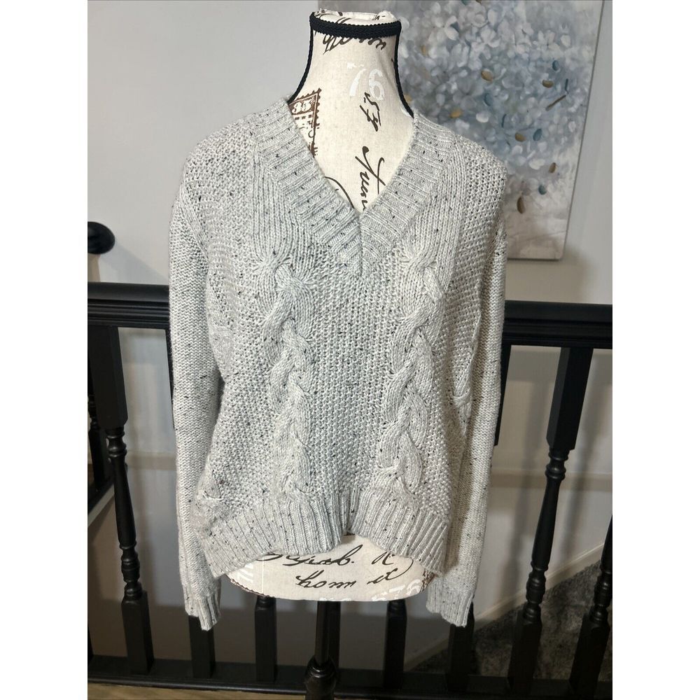 ELAN Sweater Womens Large High Low Chunky V-neck Gray ‎ Long Sleeve